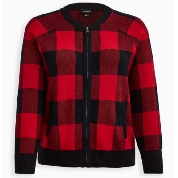 TORRID Cardigan Zip Bomber Sweater Buffalo Plaid Red Black Preppy Academia NEW - Picture 1 of 12